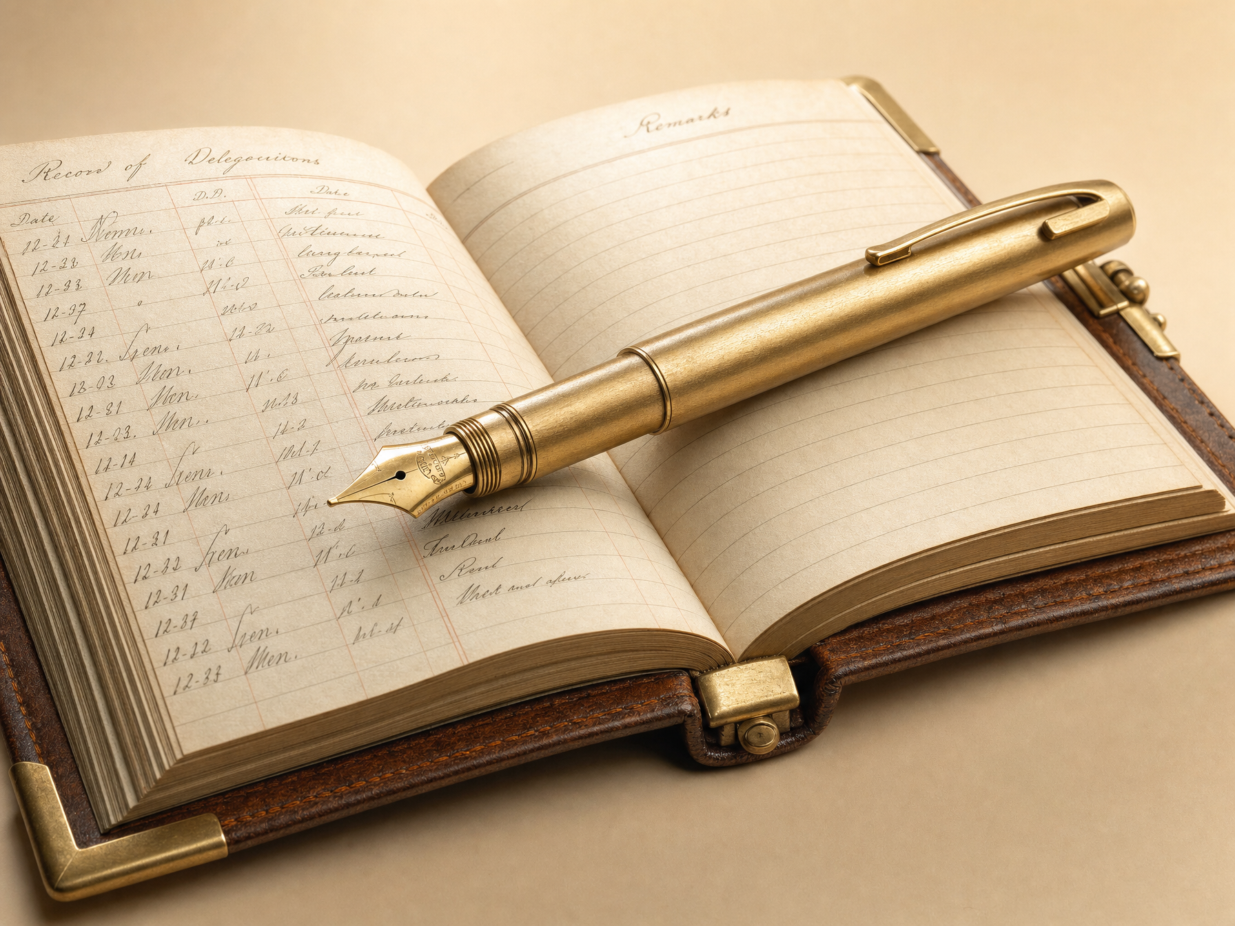 Fountain pen and ledger representing CampusCore for schools